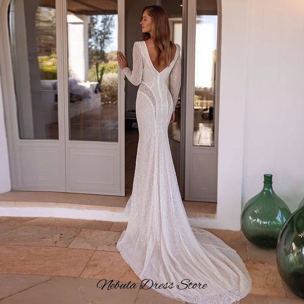 حالمة تول مخصصة فيستدو دي نوفيا جودة عالية اللؤلؤ حورية البحر ثوب الزفاف أزياء طويلة الأكمام قطار المحكمة فستان الزفاف