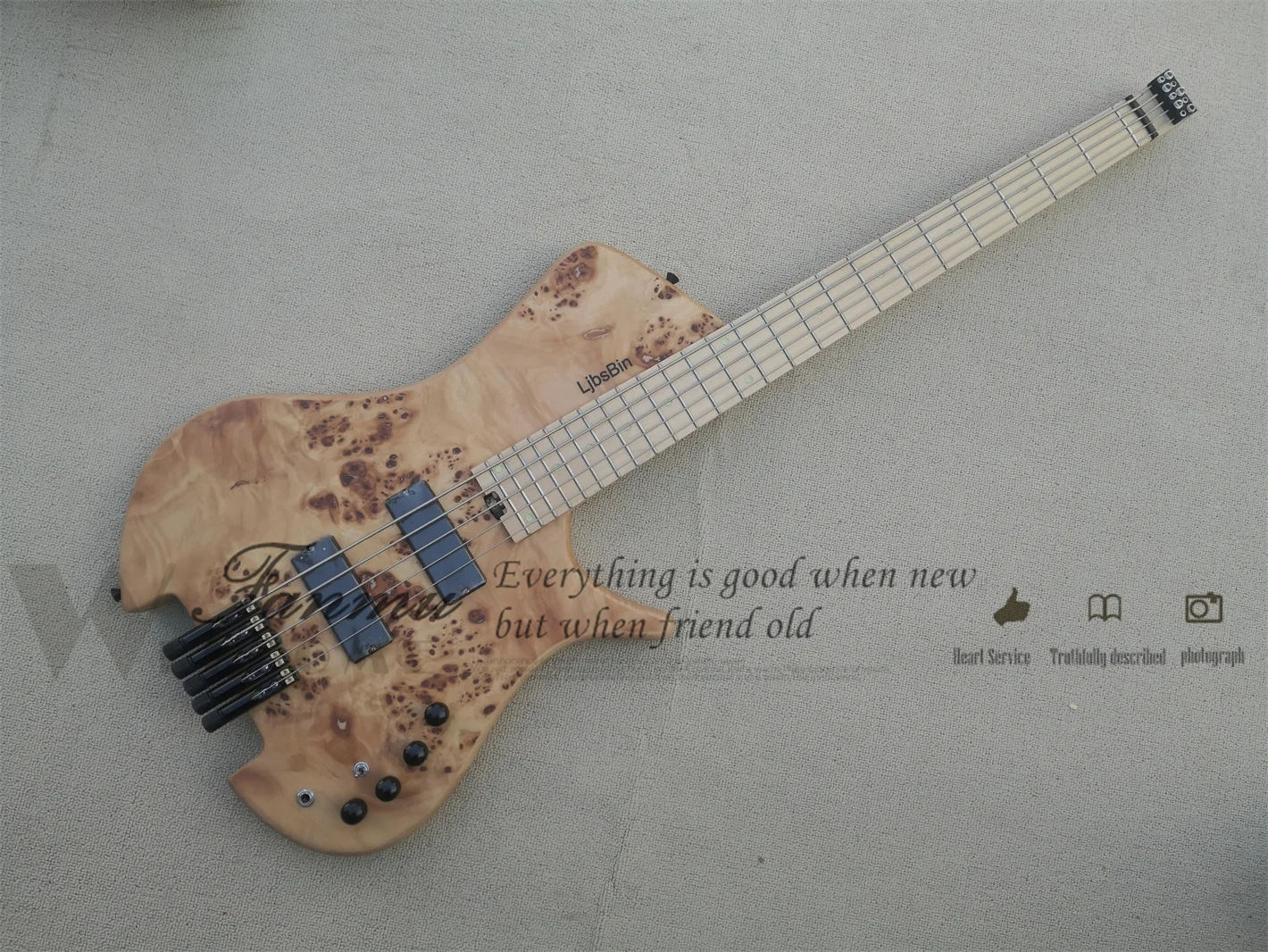 5 String Bass Guitar Headless Bass Naturl Bass ASH Wood Body Burl Maple Top Maple Neck High-quality Idependent  Bridge