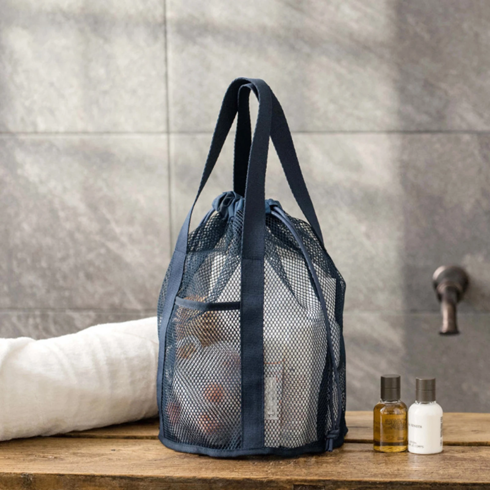 Faltbare Mesh-Aufbewahrungstasche mit Kordelzug zum Schwimmen, Reisen, Toilettenartikel, Organizer, tragbare Waschbeutel, Heimorganisation