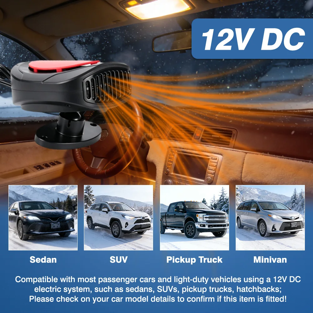 12V Car Heater Fan 150W  Efficient Fast Heat Auto Windshield Defrost Defog Heater Fan 360° Adjustable Base for Truck Van SUV