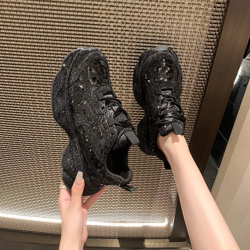 Hot Leather Casual Shoes Rhinestones High Top Sneakers Women Vulcanized Lace Up New Internet Celebrity All-Match Flat Thick Sole