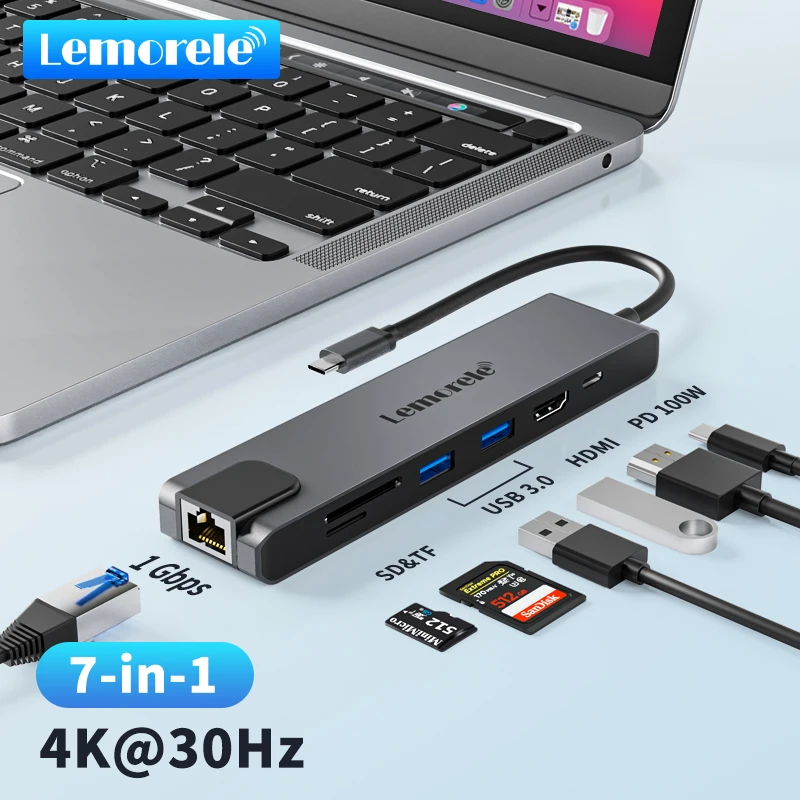 Lemorele TC25 USB C Docking Station 7-in-1 Link 4K 30Hz HDMI Display HUB for Mac&Windows&Android PD100W Gigabit RJ45 SD&TF
