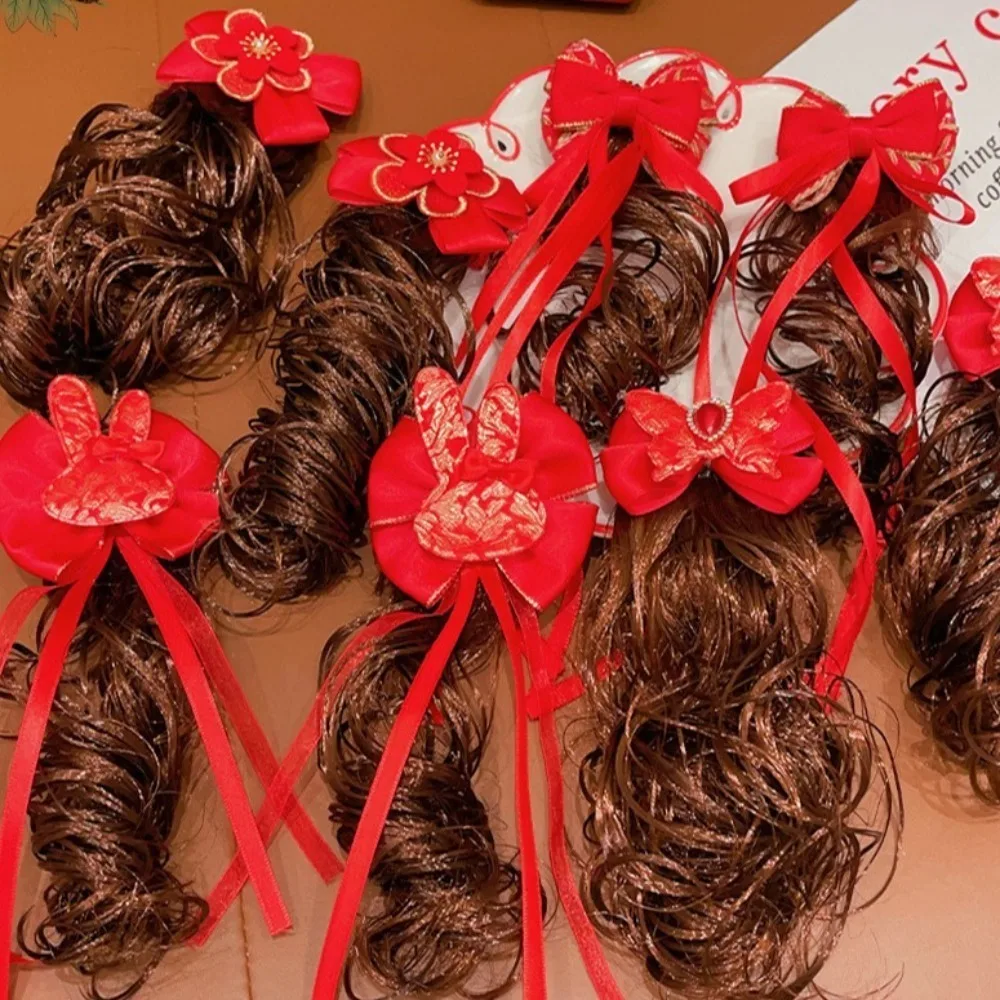 

2pcs Hair Extension Chinese Style Baby Wig Hairpin Curly Hair Fluffy Children's Bow Wig Sweet Cute Red Bowknot Hairclip Hanfu