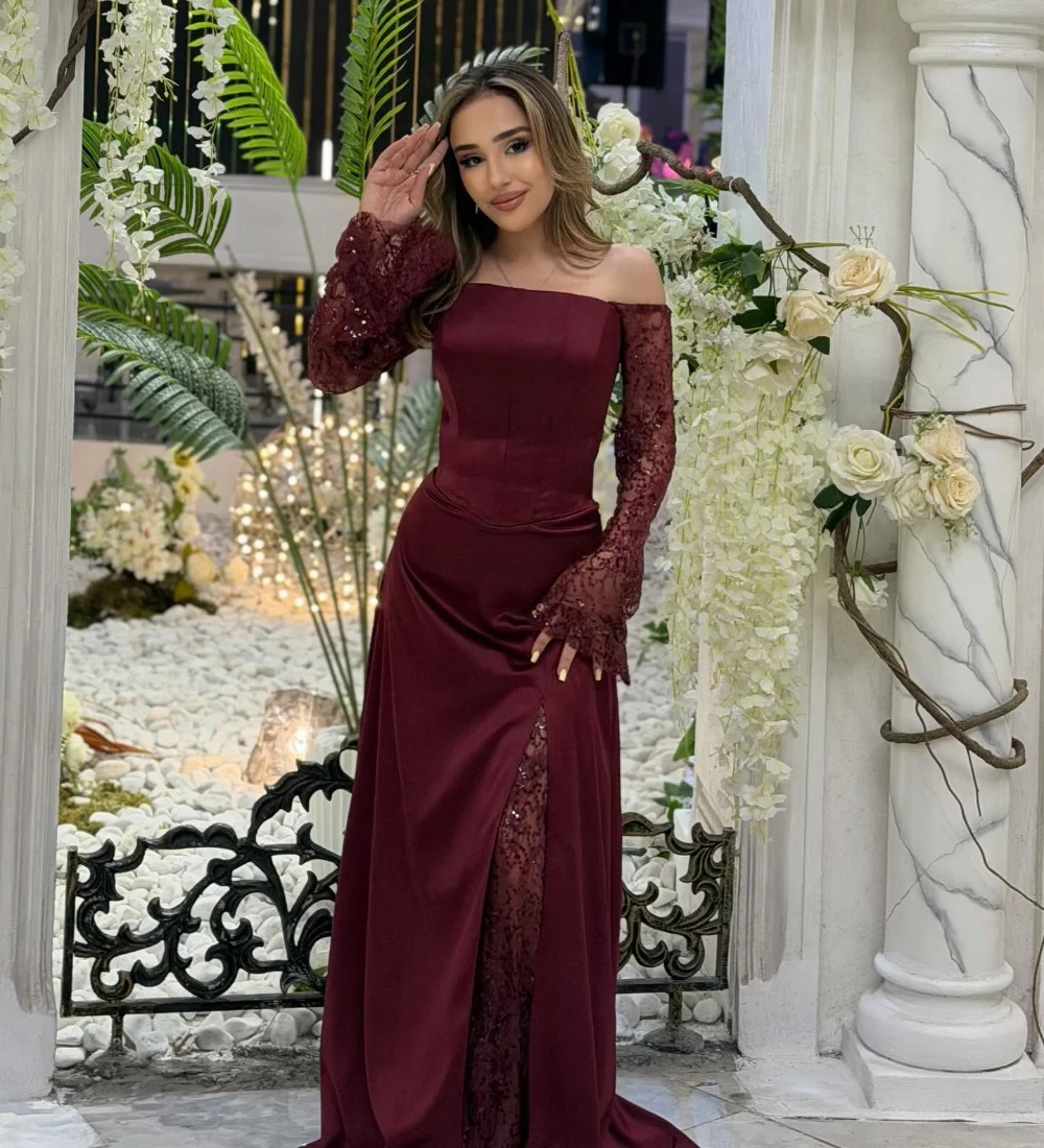 Customized Burgundy Matching Pleat Lace Beading Sequined A-line Off-the-shoulder Floor-Length Evening Dresses For Birthday Party