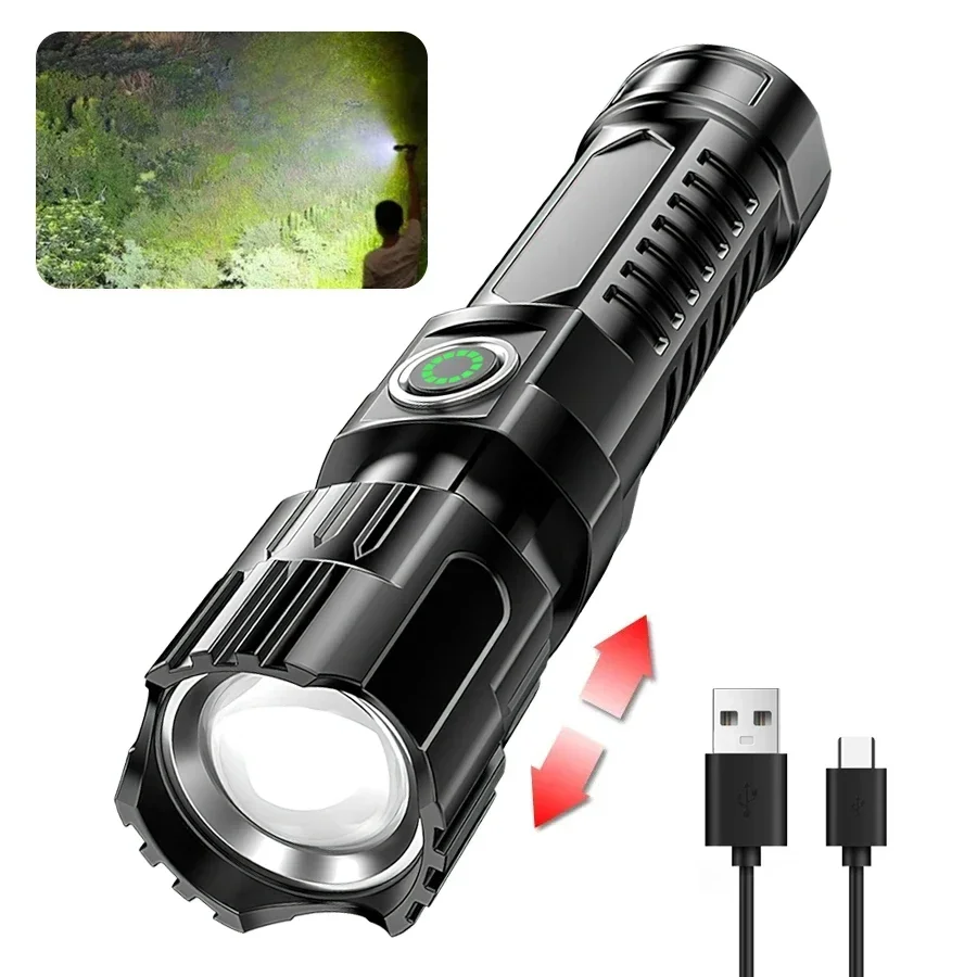 Linterna LED superpotente con Zoom, linterna táctica con batería integrada, recargable por USB, lámpara impermeable, linterna ultrabrillante