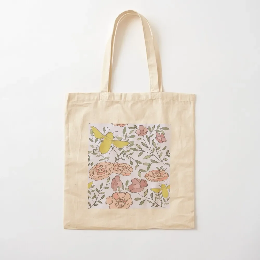 

Bees and Florals Line Drawing Seamless Pattern Tote Bag ecological bags Big bag women tote bag canvas