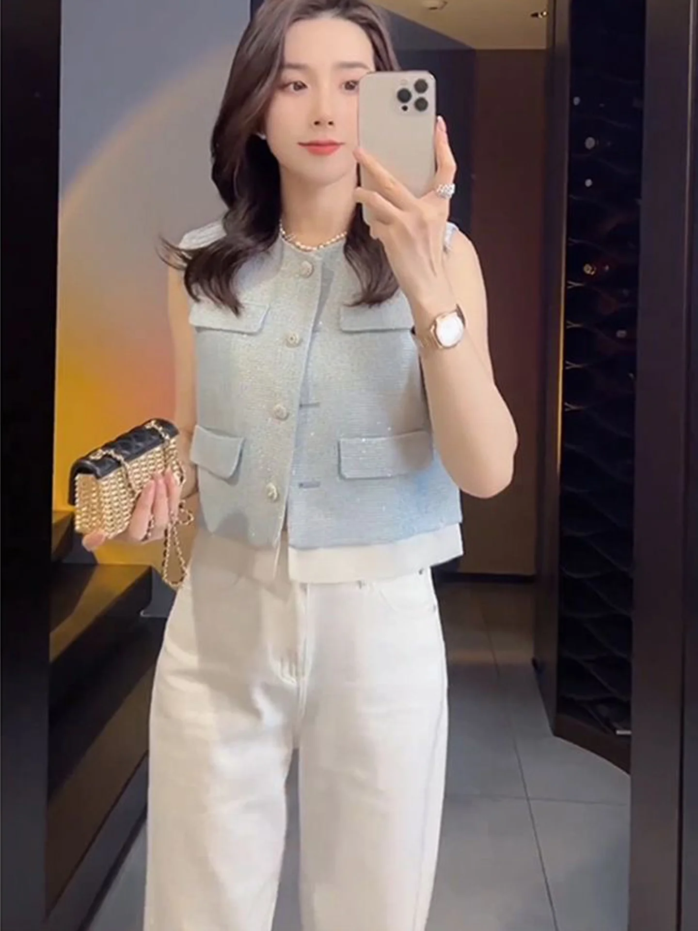 Stylish Short Blue Vest Top for Women Elegant Chic Small Fragrance Style Fashion Trendy Breathable Casual round Neck Single B...