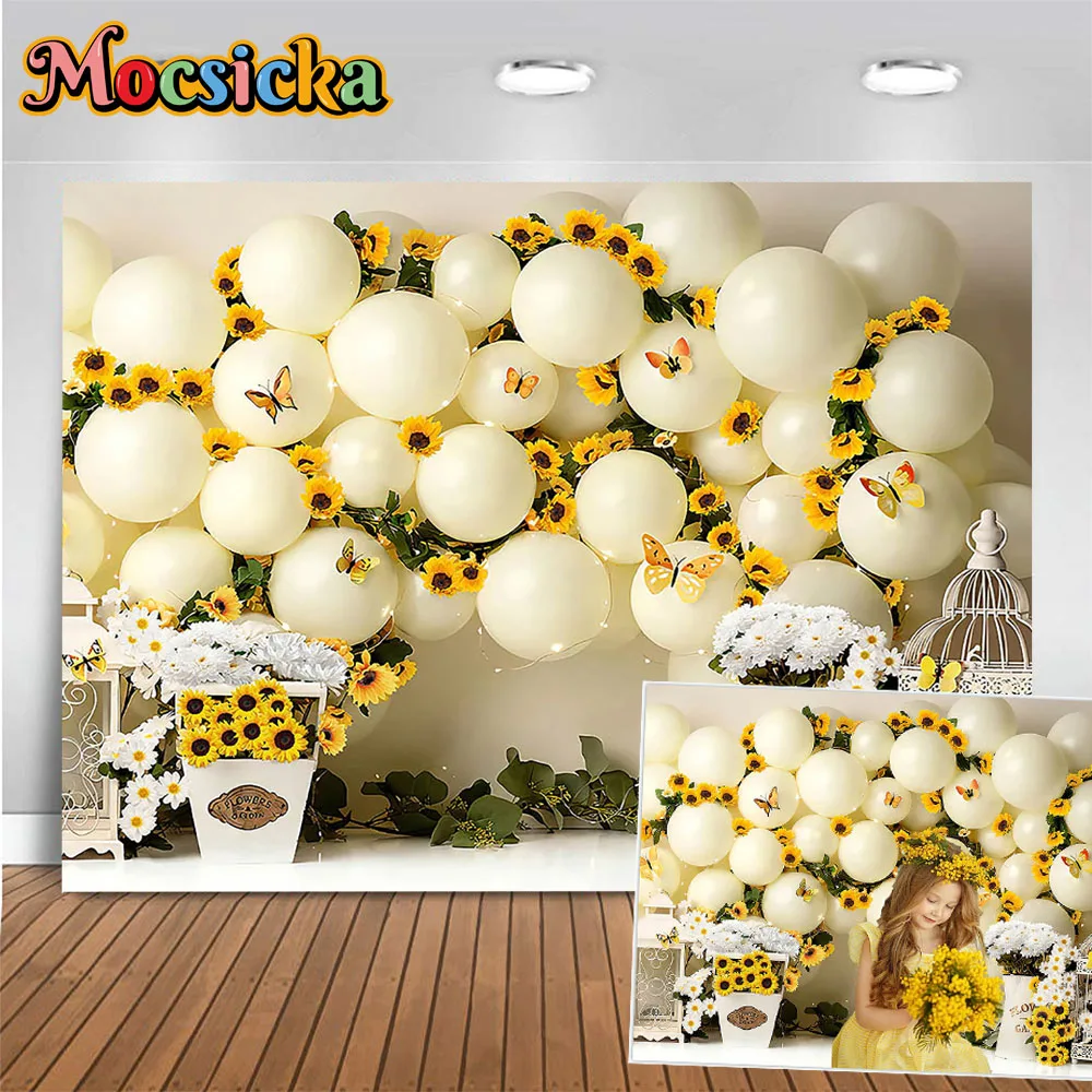 

Summer Sunflower Girl Baby Shower Party Backdrop Yellow Balloon Flower Butterfly Background Birthday Kid Cake Smash Studio Prop