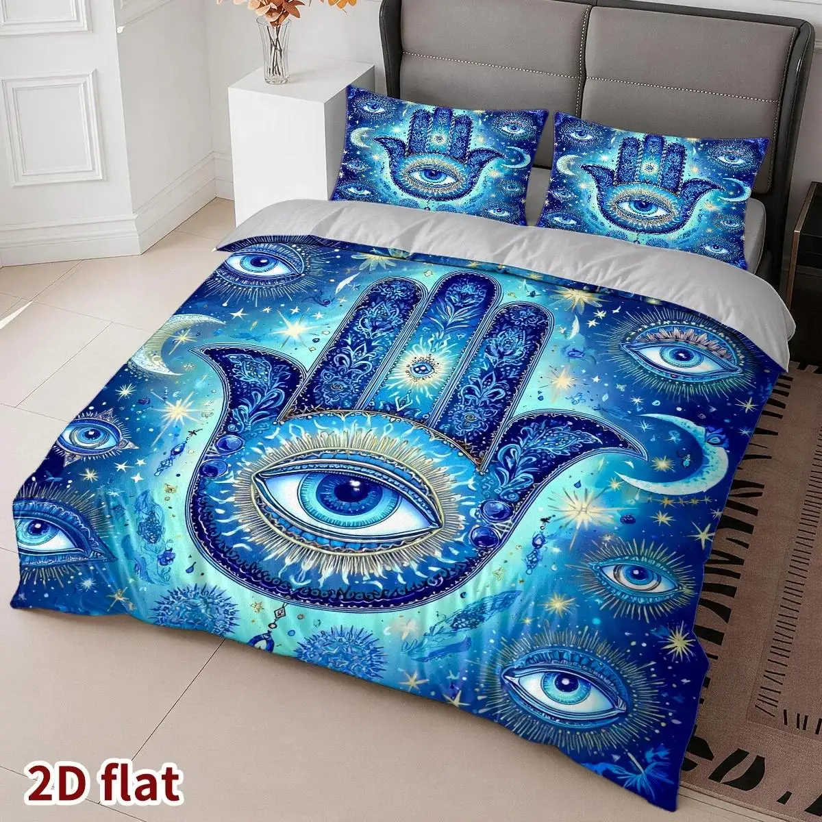 3-Piece Quilt Cover Set, 1 Quilt Cover + 2 Pillowcases (Without Filling), Mysterious Eye Handprint Design, Dreamy Blue Style, Spring, Home Three-Piece Set, Suitable for All Seasons, Machine Washable, Invisible Zipper, Bedroom Bedding, Dormitory Essentials