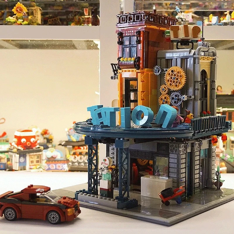 

1859 шт., креативный ремонт автомобиля, сервировочная станция, строительные блоки, вид на город, сборка кирпичей, игрушка в подарок для детей