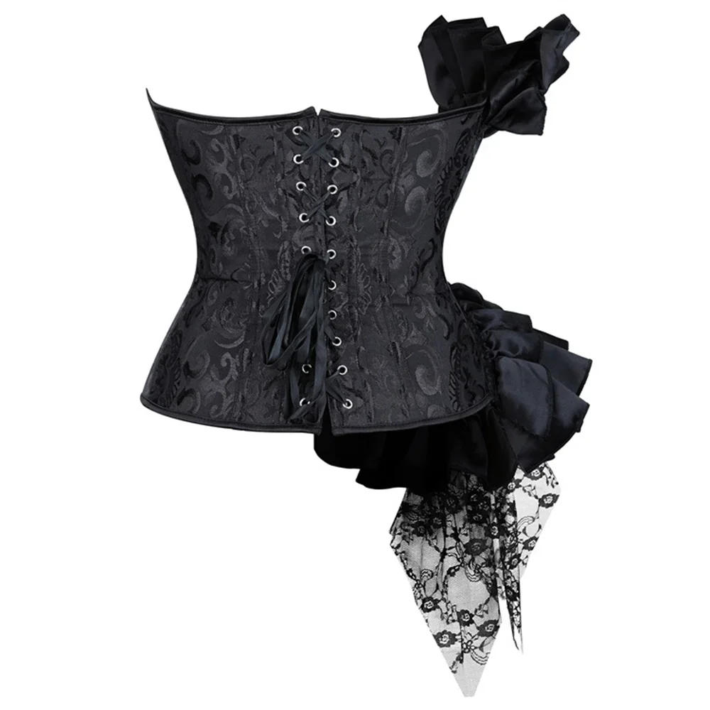 Women Black Bustiers And Corset Top Ruffle Lace Decoration Gothic Waist Trainer Body Shaper Sexy Overbust Corsets