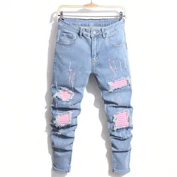 Men's Jeans Cool Ripped Skinny Trousers Stretch Slim Denim Jeans Pants Patchwork Hip Hop Black Blue Casual Jogging Jeans for Men
