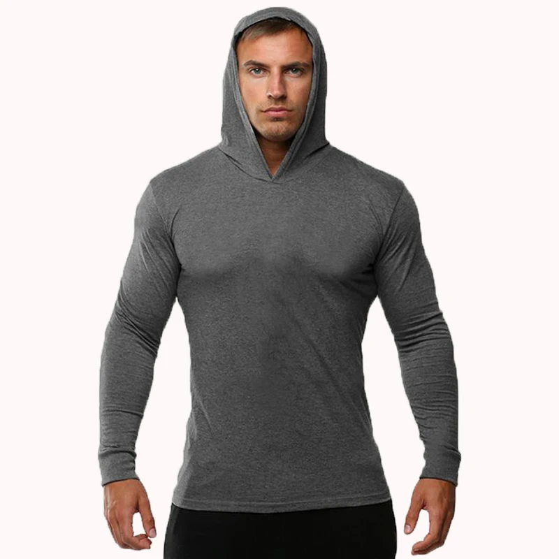 Summer Thin Long Sleeve Hooded European Size Men\'s Fitness Sports Leisure Running Training GYM 100% Cotton Sweater New