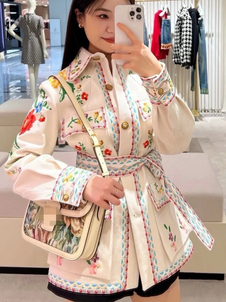 High Quality Handmade Flower Embroidery Cotton Jacket High Waist Straight Pants Women Spring Designer New Elegant Two Piece Set