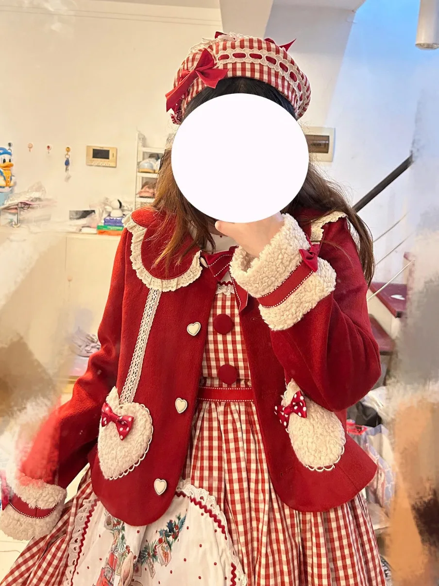 일본 오리지널 레트로 가을 겨울 짧은 모직 코트 크리스마스 새해 레드 달콤한 귀여운 소녀 로리타 두꺼운 오버코트
