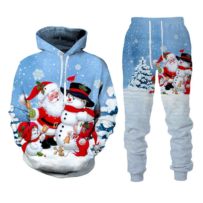 Men\'s Hoodie Sets Christmas Santa Claus Pattern Print 3D Hooded Sweatshirt Pants 2Pcs Suits Fall/Winter Oversized Couple Clothes