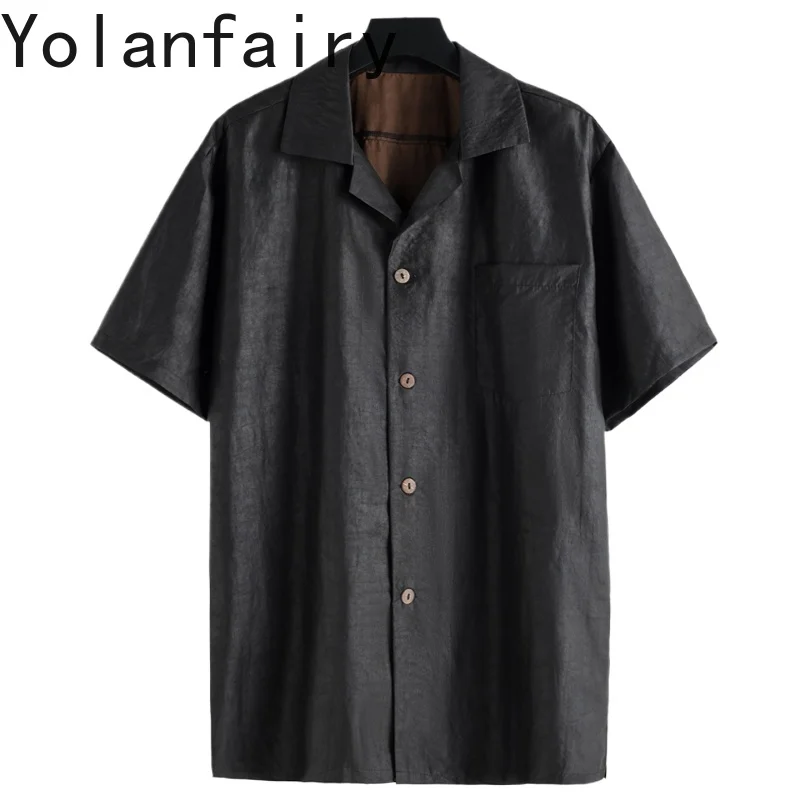 

YOLANFAIRY 100% Mulberry Silk Mens Shirts Short Sleeves Summer Shirts for Men High Quality Suits Camisas Verano Hombre Loose Fit