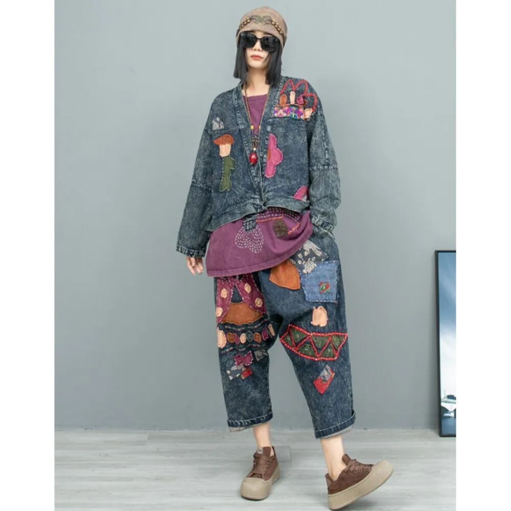 

Hand Embroidered Fabric Making Old Cardigans Denim Jackets + Harem Pants Two Piece Set Women 2024 Autumn Pant Set ZF224