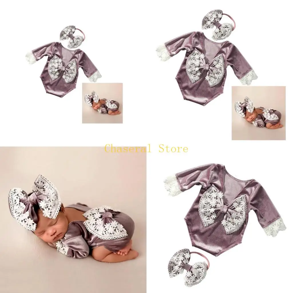 

E7CE кружевные комбинезоны и волосы Bowknot Set Newbor