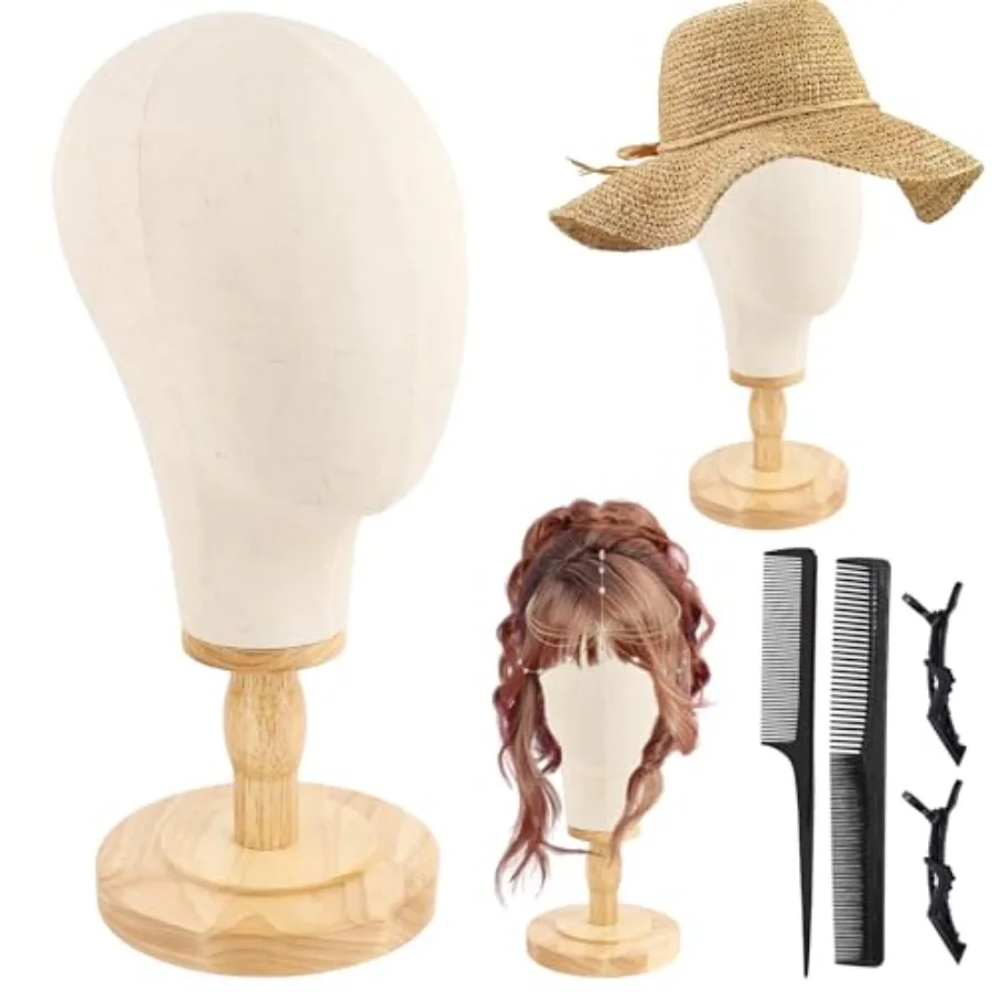 

22-дюймовая голова манекена со съемной прочной деревянной основой и холщовым блоком для париков: идеальная подставка для укладки волос, шляпа Exhi