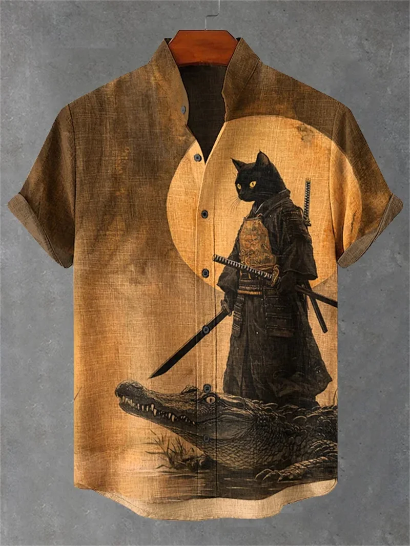 New trendy and cool linen short sleeved shirt, men's giant whale cherry blossom wave print casual top