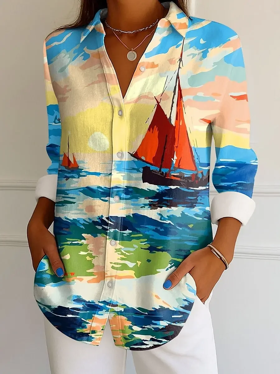 

Women's Shirt Elegant Vintage Tropical Graphic Print Long Sleeve Shirt Collar Regular Tops Work Buttons Print Summer Spring
