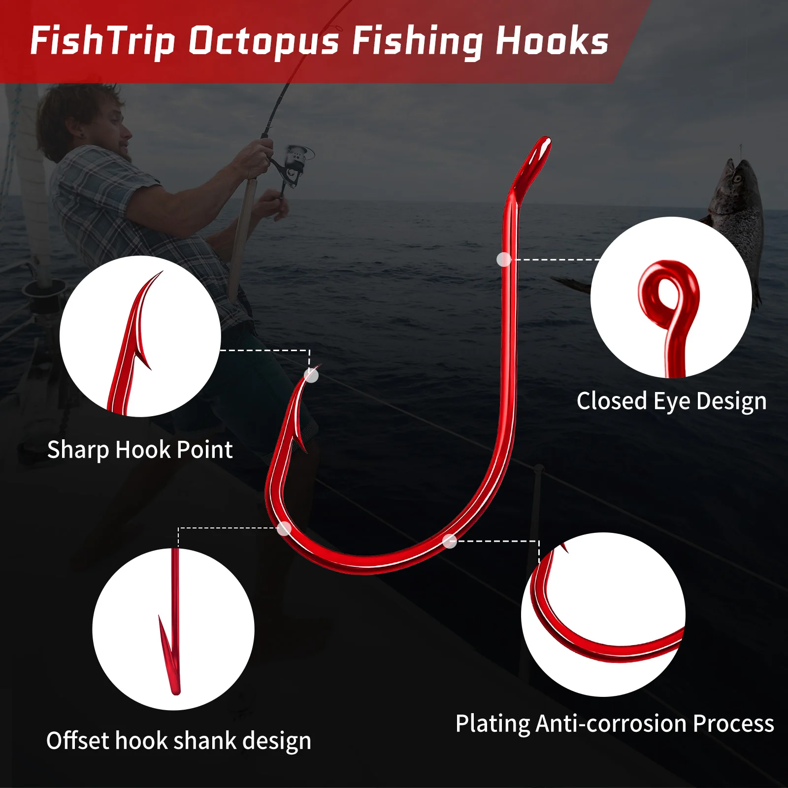 FishTrip Red Octopus Hooks 25-100PCS Circle Hook Offset 2X Strong Live Bait Barbed Carp Hook Saltwater Freshwater Catfish Bass