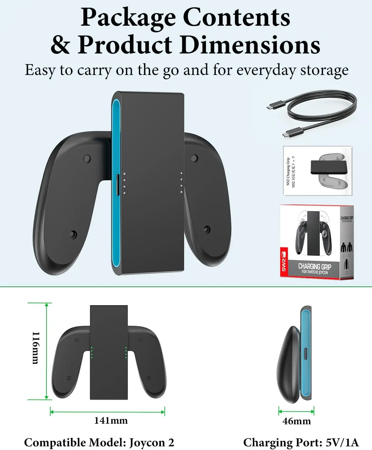 قبضة شاحن لجهاز نينتندو سويتش 2، مقبض شاحن مغناطيسي محمول للتبديل 2 Joy-Con مع كابل شحن USB-C