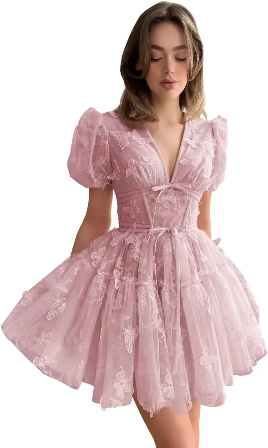 ButterflyKnot Querida Minissaia Fofo Vestido de Dança Formal para Adolescentes 3DButterfly Lace Applique Chiffon BackTo School Vestido