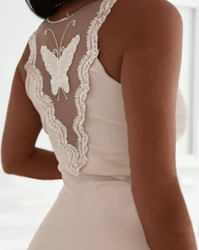 Robe enveloppée en maille transparente avec motif papillon, patch en dentelle, tambour, évider, fesses, mode d'été, nouveau style