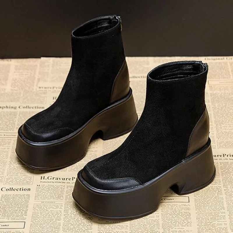 

11 см овчина, замша, синтетическая женская обувь на платформе и танкетке, модная весенне-осенняя брендовая дышащая обувь, зимние ботильоны