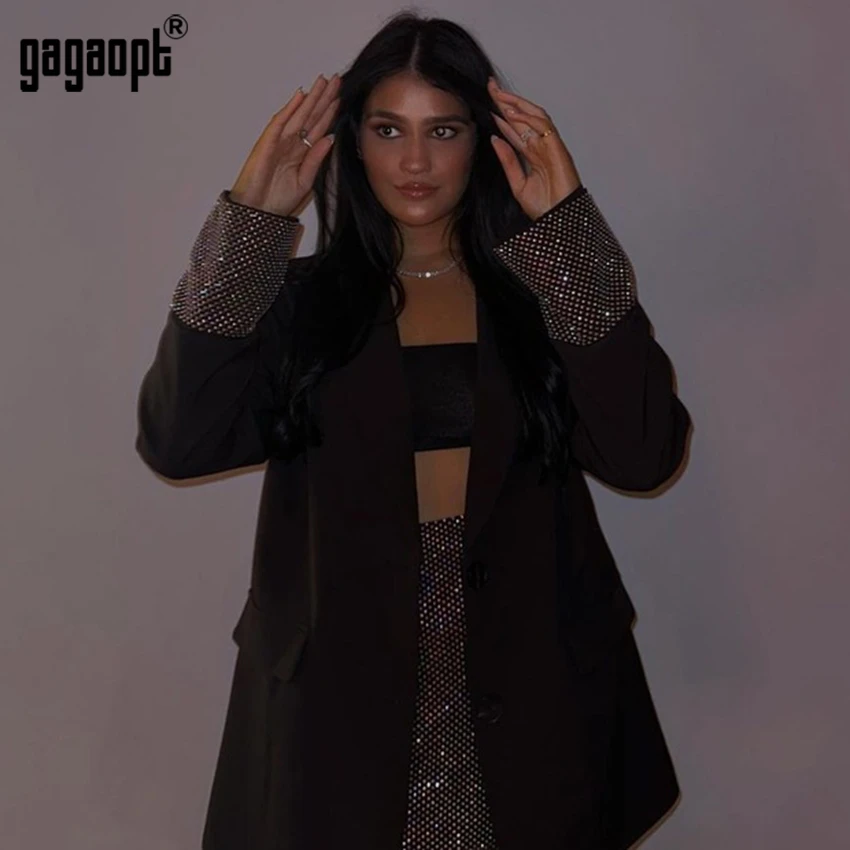 Imagem -02 - Gagaopt Mulheres Manga Longa Strass Beading Belted Blazer Jaqueta de Diamantes Rua Alta Novo Designer de Moda Primavera 2023