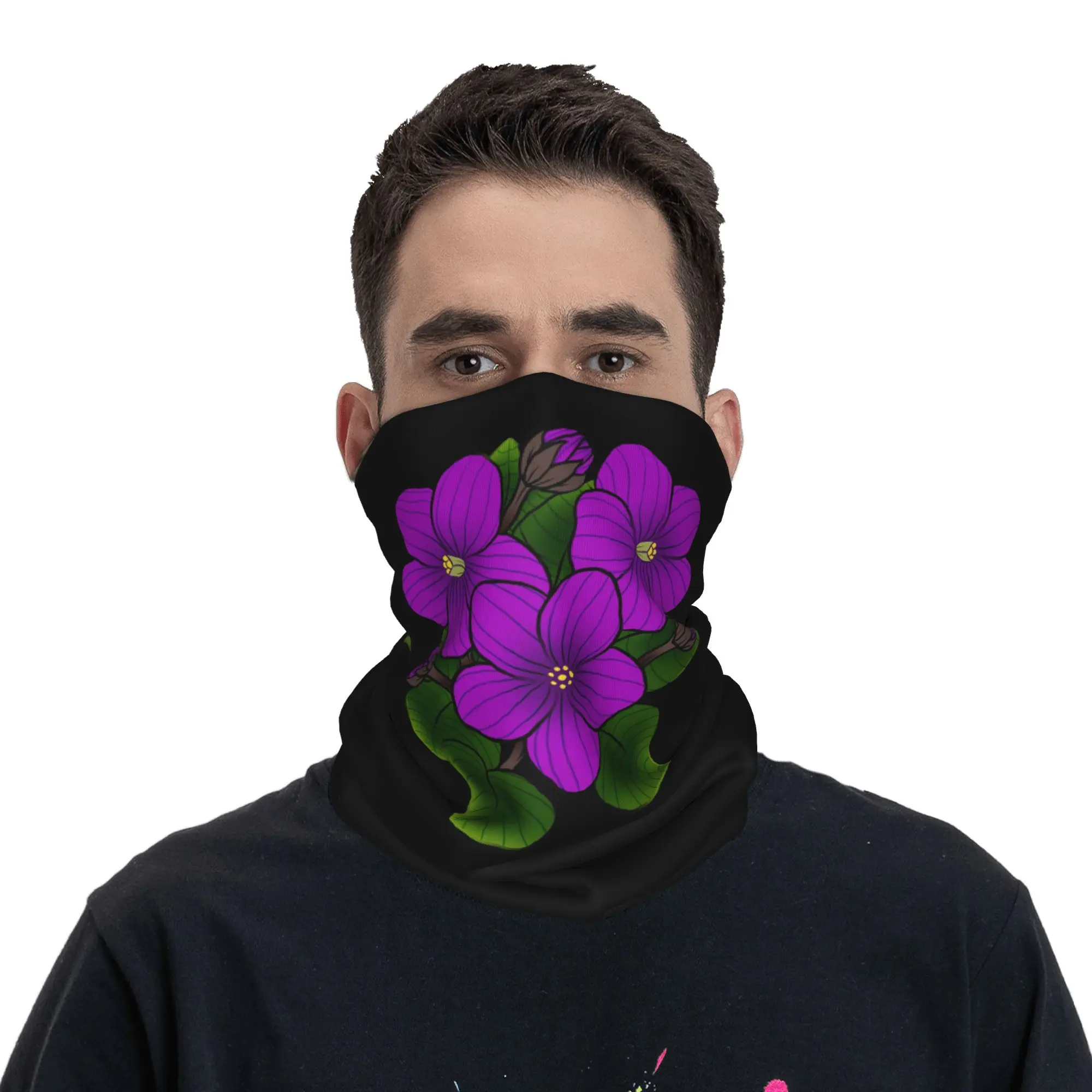 

Purple African Violets in Black Bandana Neck Gaiter Printed Mask Scarf Headwear Riding for Men Women Adult Winter