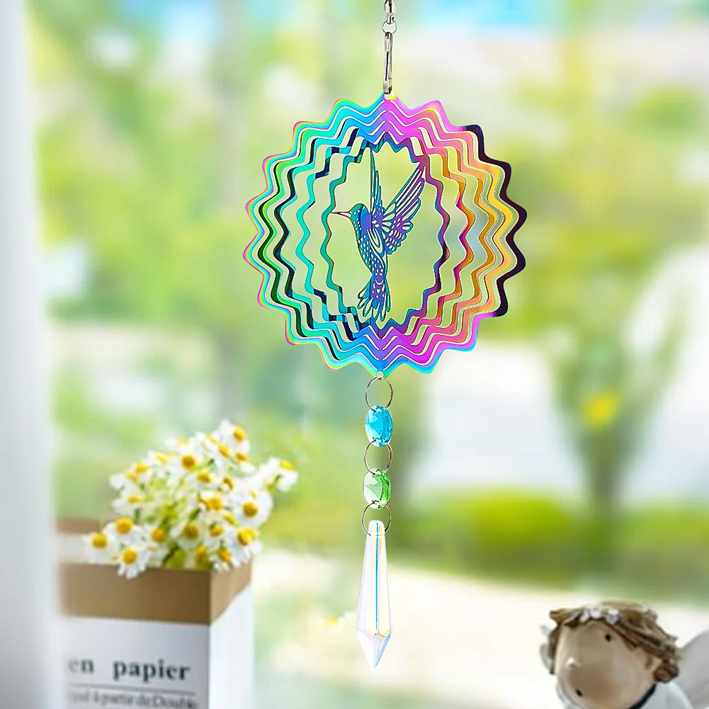 Kinetic Hummingbird Wind Spinner Crystal Suncatcher Feng Shui Lucky Hanging Wind Chimes Catcher Yard Garden Decor Bird Deterrent