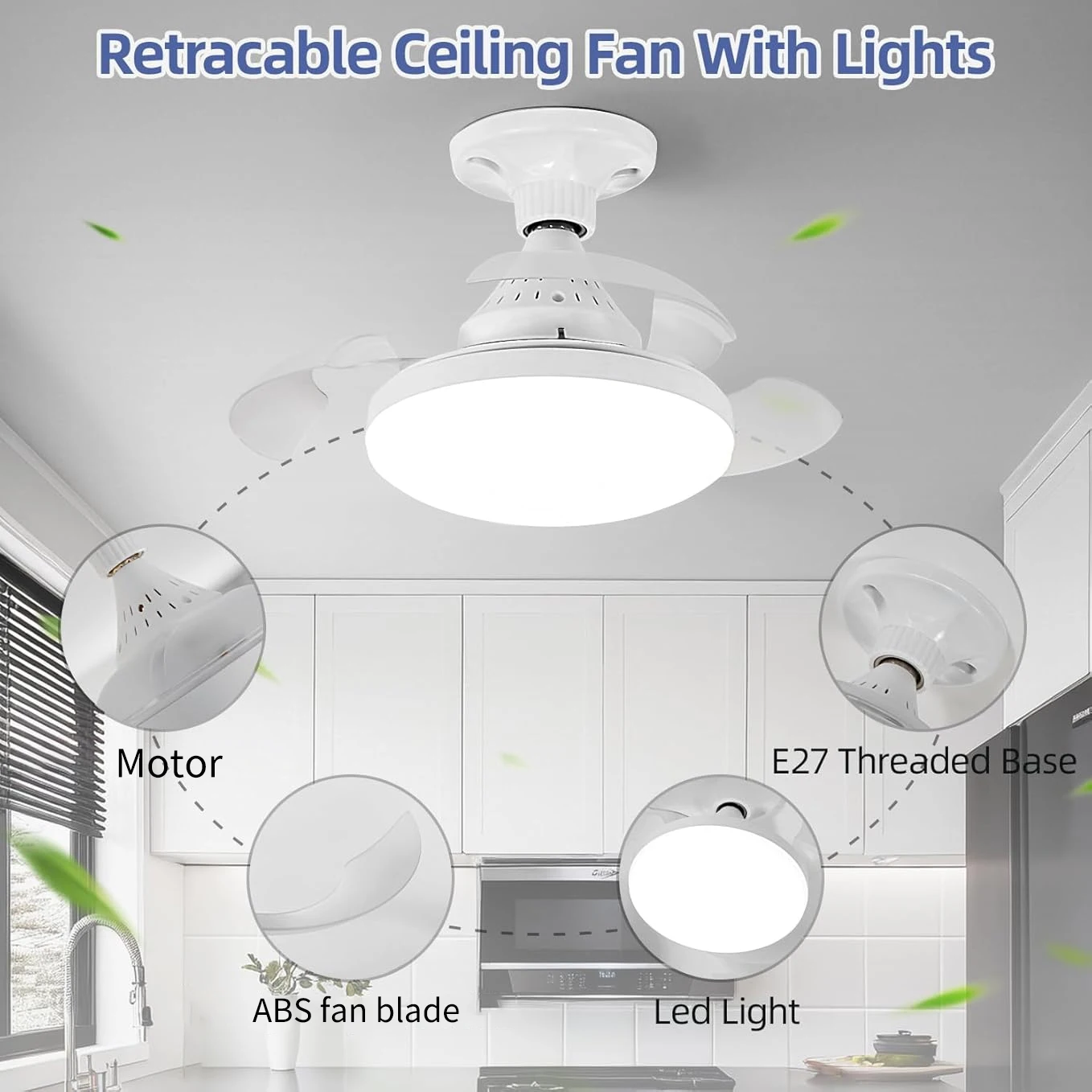 

Светодиодный потолочный вентилятор с дистанционным управлением, светодиодный вентилятор мощностью 30 Вт, беспроводной спиральный вентилятор E27, освещение для кухни, спальни, небольшой комнаты