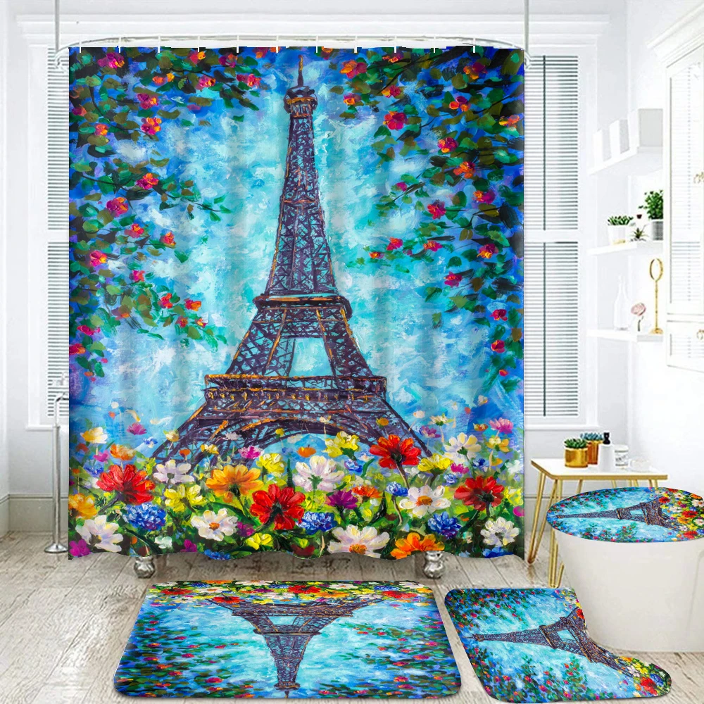 Paris Tower Shower Curtain Set Durable Non-slip Carpet Bath Mats Toilet Cover Printed Fabric Scenery Bathroom Curtains Decorate