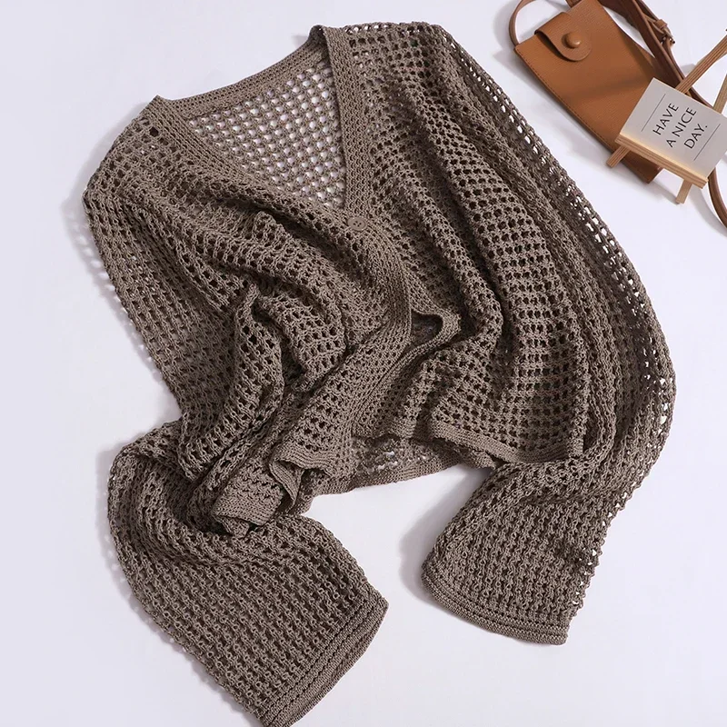 Hollow Out Sunscreen Cardigan Women New Long Sleeve One Button Thin Knit Tops Korean Solid Trend Outwear Sweater