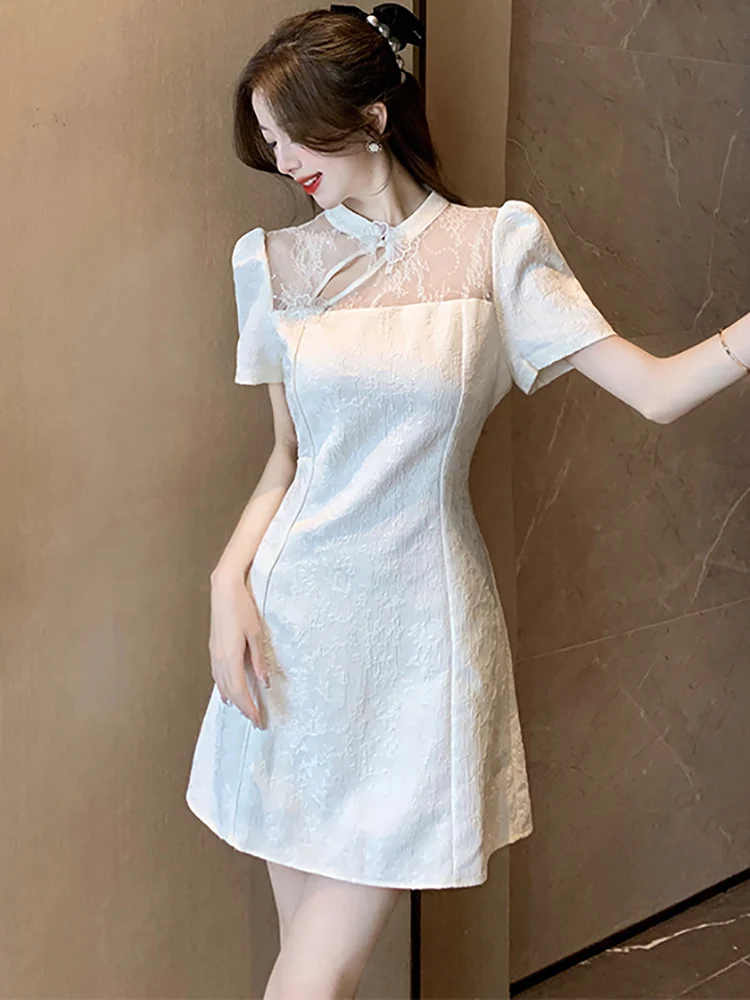 2025 blanc Jacquard Patchwork dentelle évider Sexy Mini robe femmes élégant décontracté maison robe été coréen moulante robe de soirée