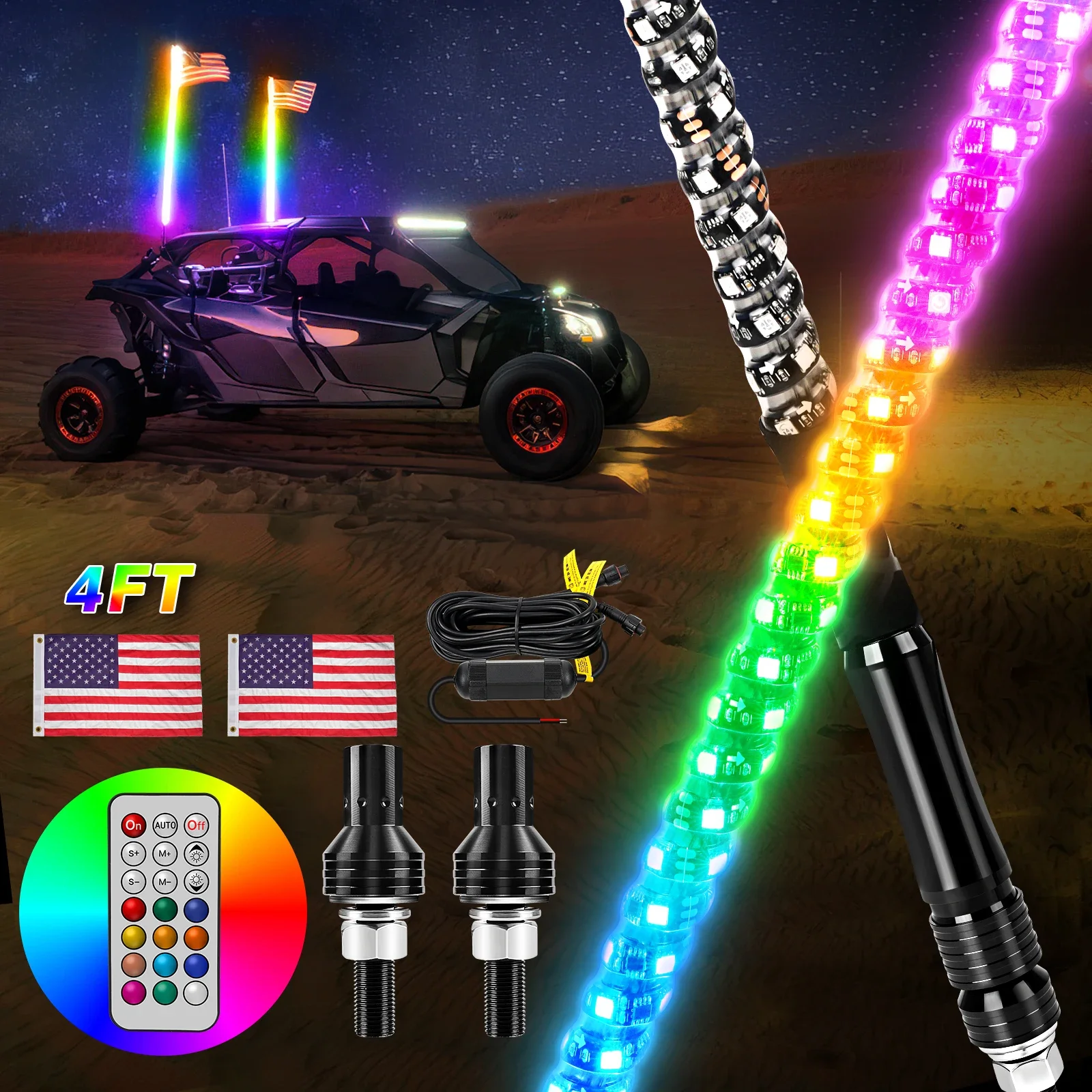 MICTUNING 2PC 4FT Waterproof Multi-Color Remote Control Flagpole Lamps Colorful Spiral LED Whip Lights For Offroad Vehicle Truck