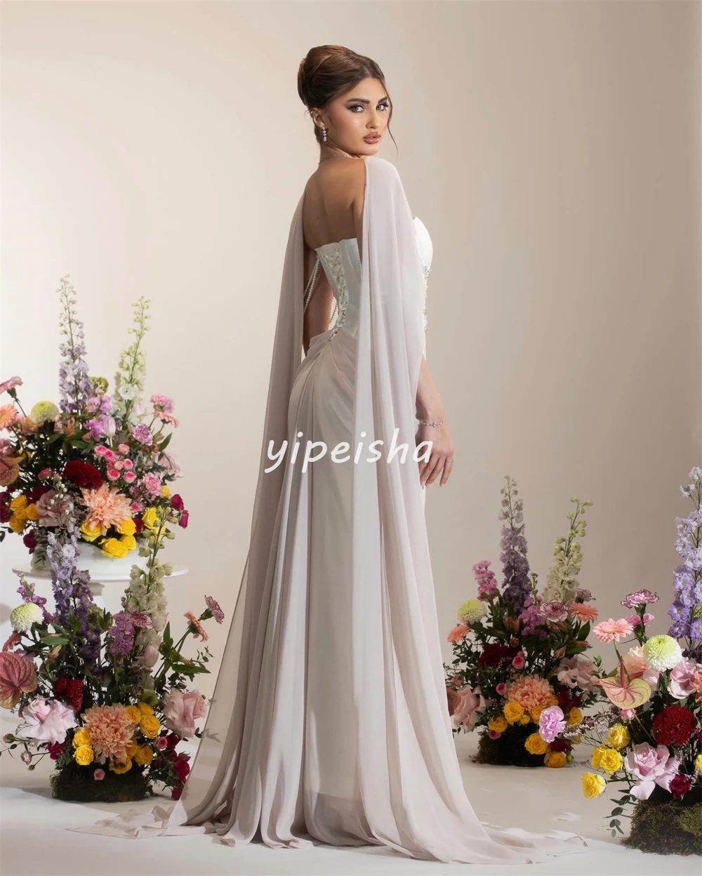 

Customized Fashion Women Chiffon Rhinestone Beading Straight Evening Dress Elegant Strapless Sleeveless Floor Lenght Party Gowns