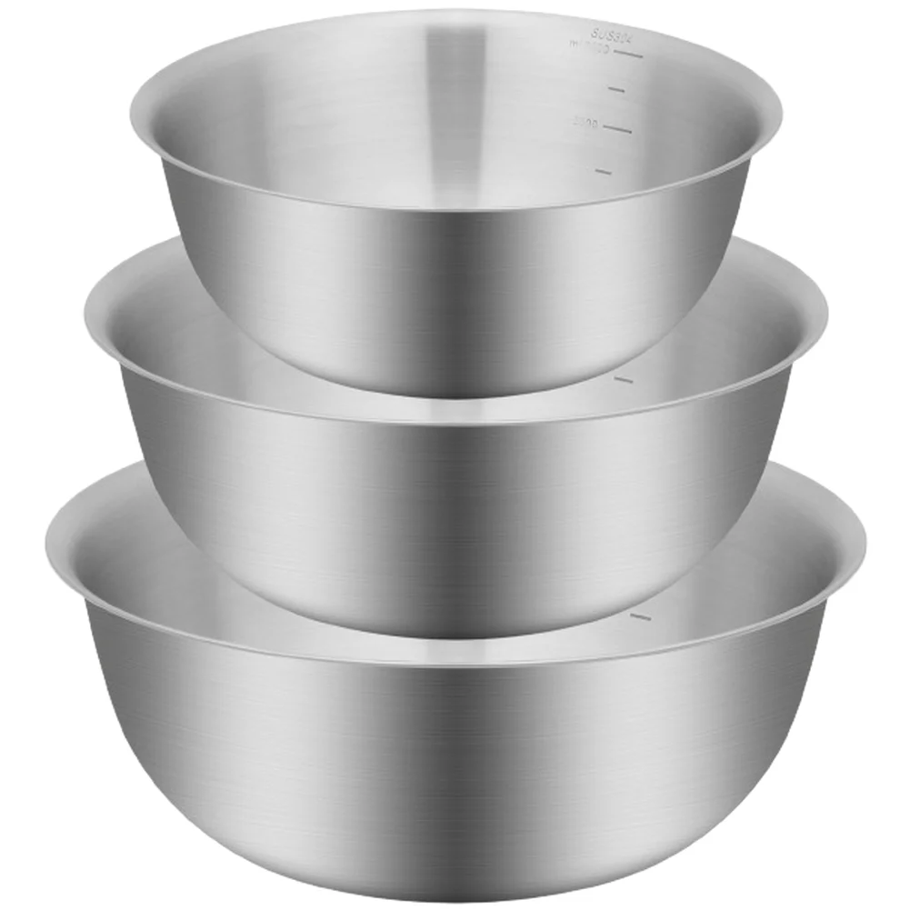 Kitchen Stainless Steel Mixing Bowls Set with Clear Capacity Scale and Stackable Draining Basket for Food Prep