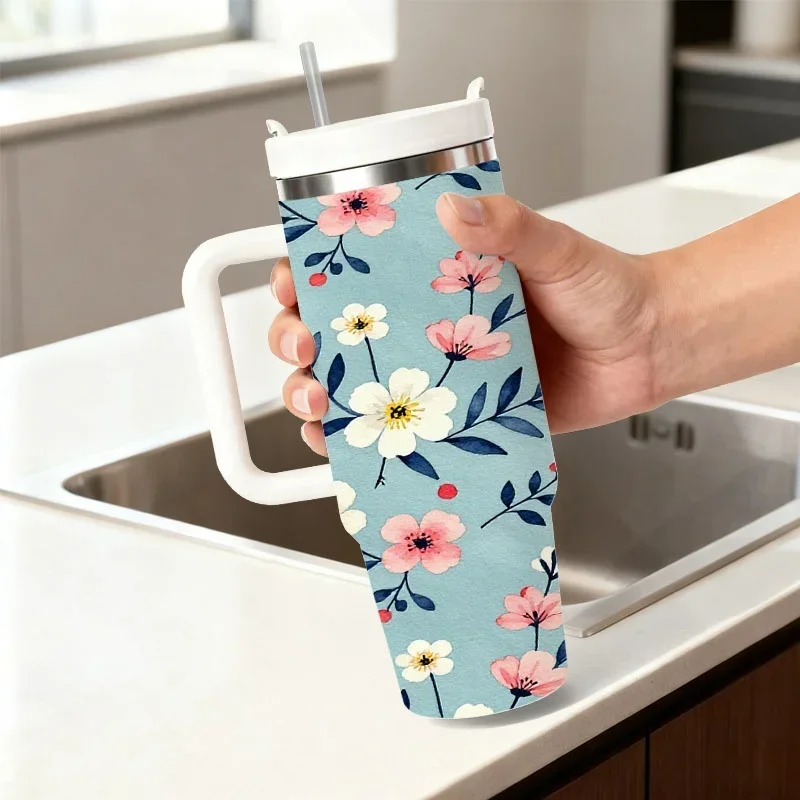 40Oz Stainless Steel Insulated Tumbler, Delicate Floral And Berry Digital Print, Reusable Cold And Hot Beverage Cup for Daily Use, Outdoor Trips And Office Drinks