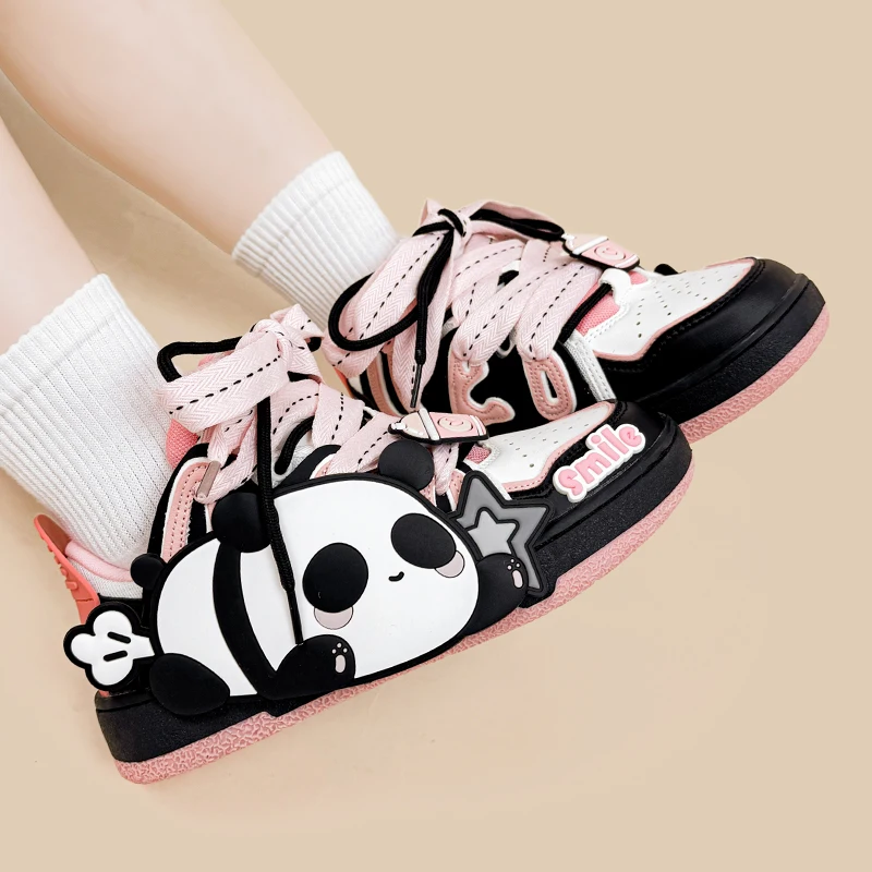 Amy e michael adorável anime panda sapatos 2025 primavera nova moda feminina plana tênis casuais feminino meninas baixo topo esportes formadores