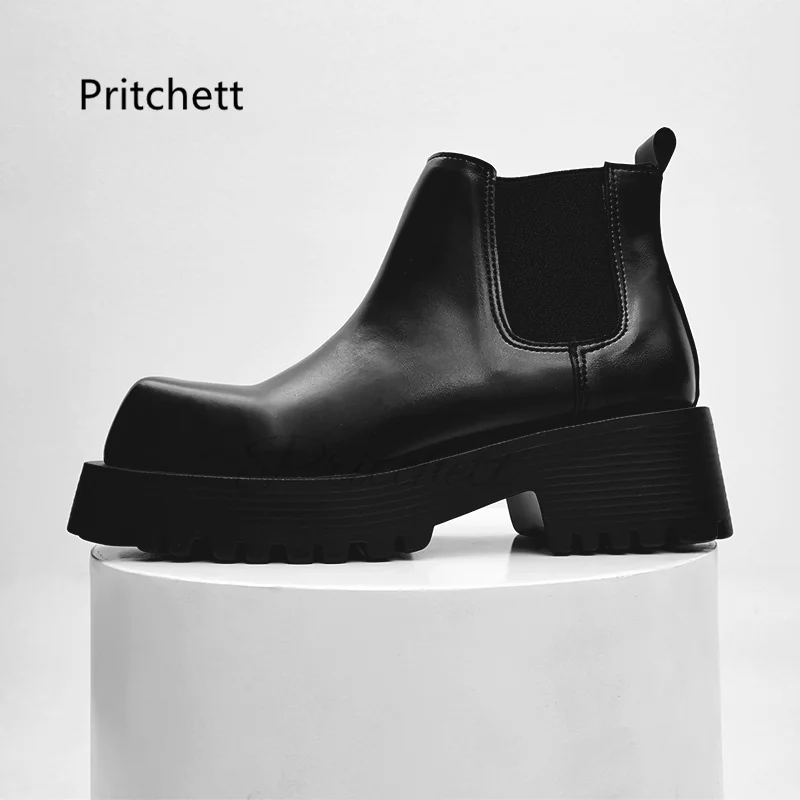 Square Toe Chelsea Boots for Men and Women Couple High Top Shoes Knight Boots Med Heel Chunky Platform Motorcycle Ankle Boots