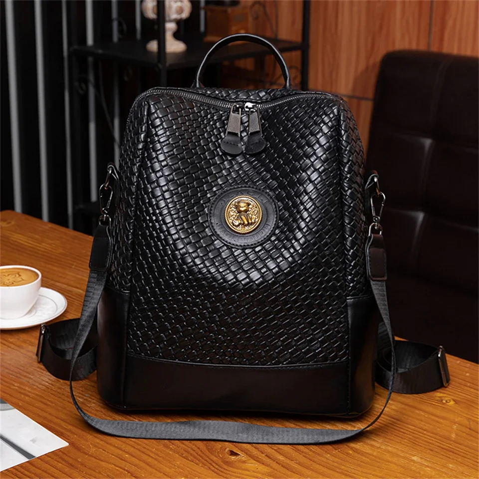 New Women's Backpack Designer High Quality Soft Leather Simple Weave Fashion Backpack Large Capacity Shoulder School Bags