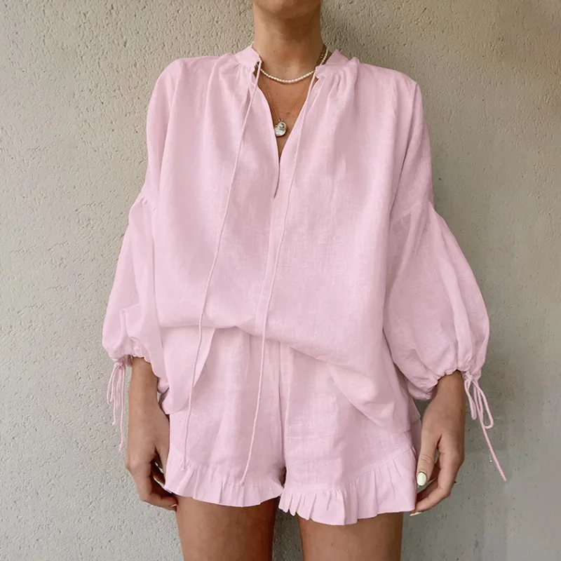 

2024 Summer Cotton Linen Women's Clothing Fashion Pink Loose Lantern Sleeve Top & Shorts Set Female Casual Short Pants Outfits