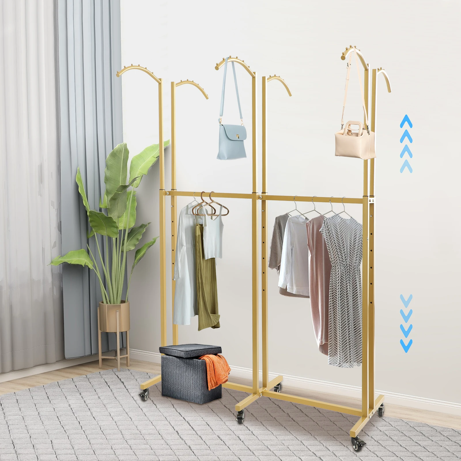

Напольная вешалка для одежды с 6 дуговидными кронштейнами, стойка для демонстрации одежды на колесиках, регулируемая по высоте, золотистая ﻿