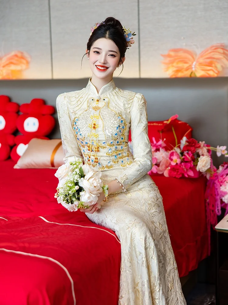 

Champagne Colored Engagement Wedding Dr New 2026 Long Sve Fi Tail Chinese Sle Marriage Ceremony Dr