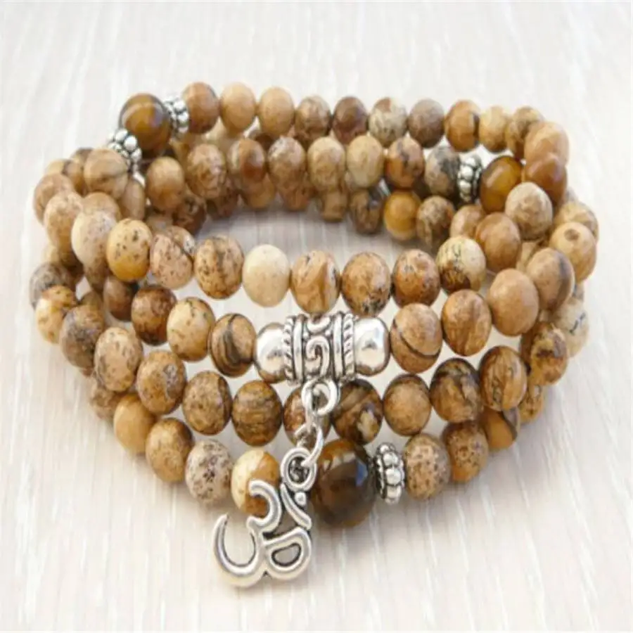 

6mm Picture stone Mala Bracelet 108 Beads Gemstone pendant Nirvana Japa Bead Chakra Natural stone Spiritual Yoga Buddhist