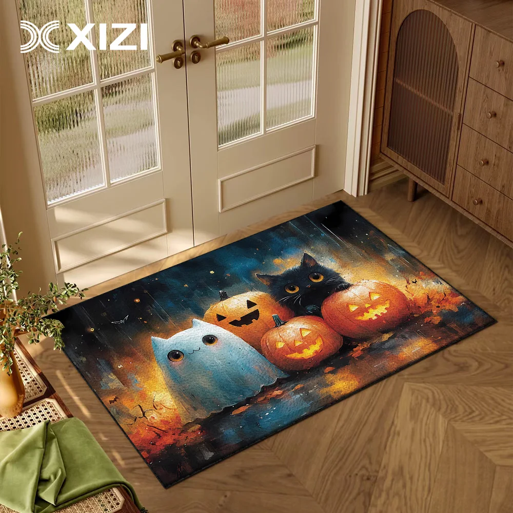 

Halloween Cute Kitten Ghost Pumpkin Non-slip Entrance Doormat Kitchen Bathroom Floor Mat Bedroom Living Room Area Rug Home Decor